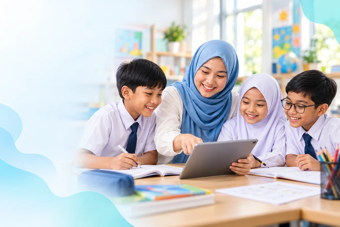 Guru berhijab biru belajar bersama tiga murid di dalam kelas